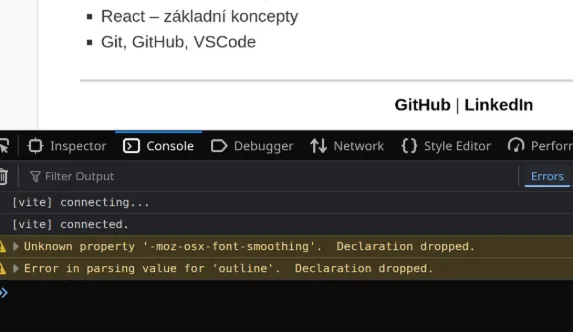 Nástroje pro vývojáře - Konzole ukazuje chyby, pokud k nim dojde